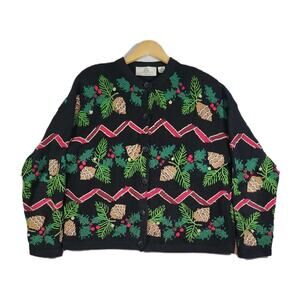 Design Options Jane Gordon VTG Christmas Cardigan Sweater XL Black Pinecones
